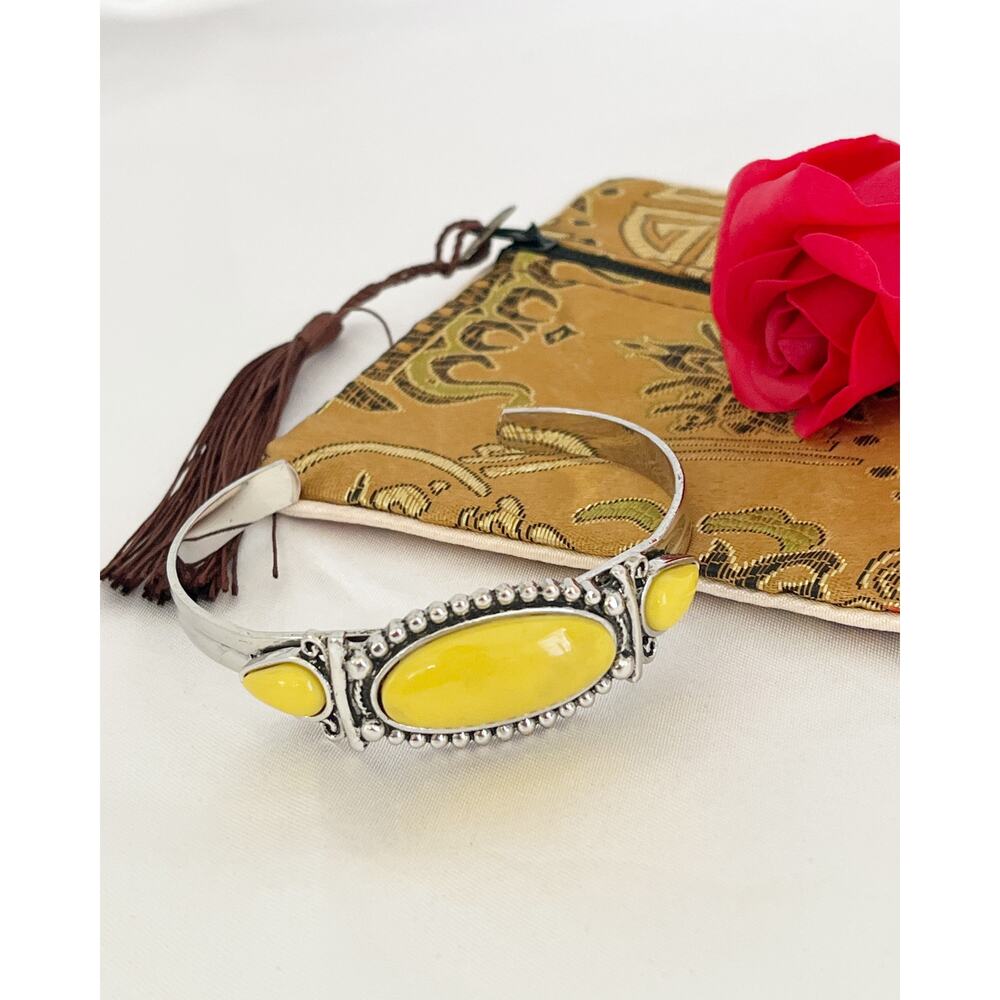 Paparazzi Tribal Trinket Bangle Bracelet Yellow Stones Bead Studded Silver Cuff - Picture 3 of 9
